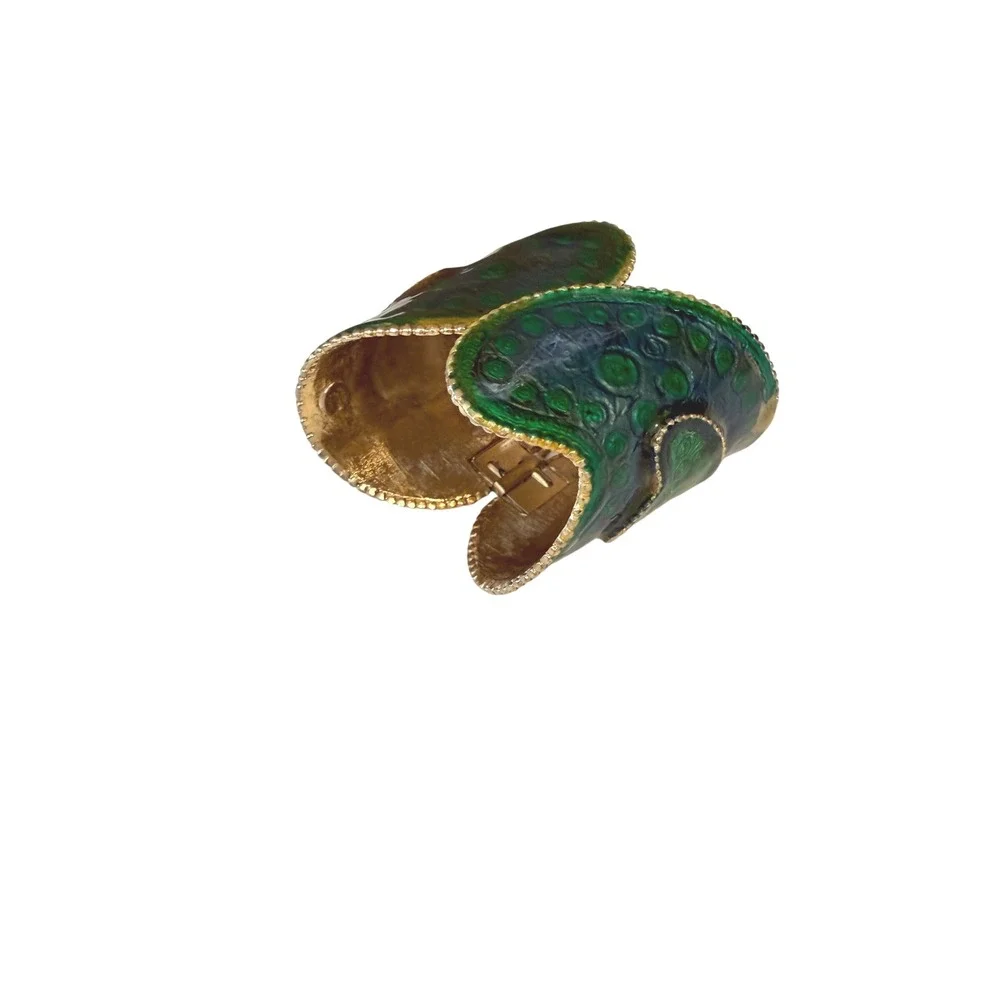Green Blue Enamel Paisley Hinged Cuff Bracelet Gold Tone Statement Wide Band